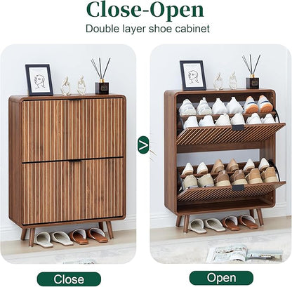 Fluted Shoe Cabinet Storage for Entryway,Slim Shoe Cabinet with 2 Flip Drawers, Narrow Shoes Rack Organizer (All Walnut, 2 Drawers)