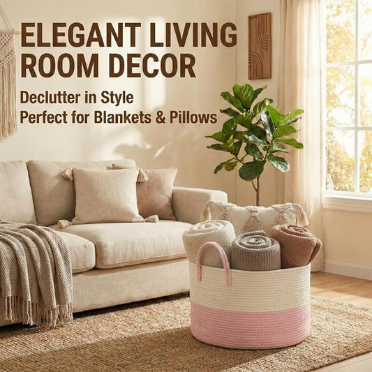 JMvicyroam 115L Extra Large Blanket Basket for Living Room - Woven Cotton Rope Laundry Hamper with Reinforced Handles - Storage Bin for Pillows, Comforters & Toys - Machine Washable,White&Pink