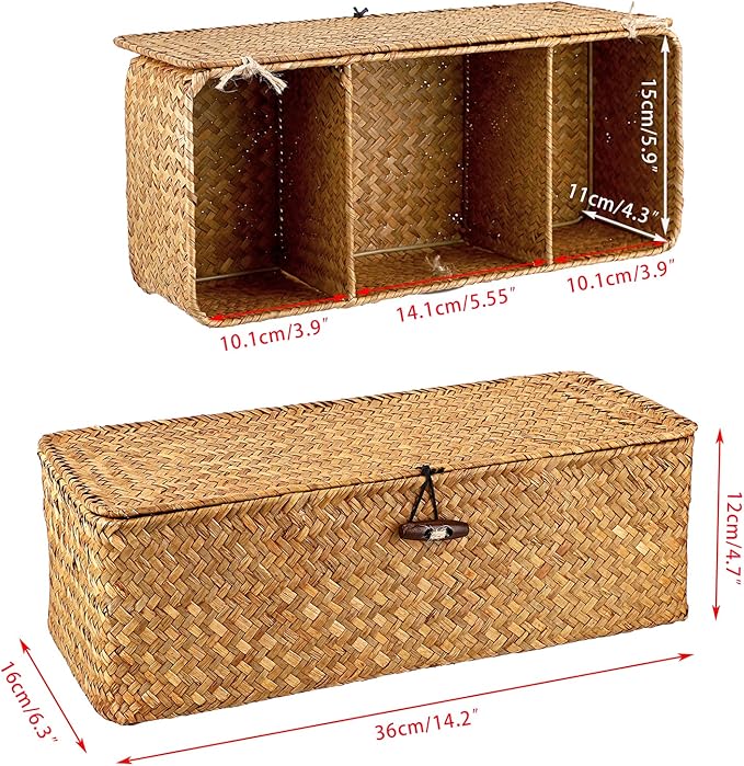 Sumnacon Small Woven Basket for Shelf, Wicker Shelves Storage Baskets with Sections Seagrass Storage Bin with Lid for Tampon Toiletry Rectangular Storage Basket for Bathroom Table Desk Caramel