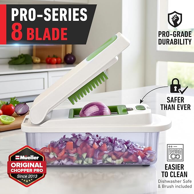 MUELLER HOME Pro-Series 10-in-1, 8 Blade Vegetable Chopper, Onion Mincer, Cutter, Dicer, Egg Slicer with Container, French Fry Cutter Potato Slicer, Home Essentials, Salad Chopper White Sand/Green