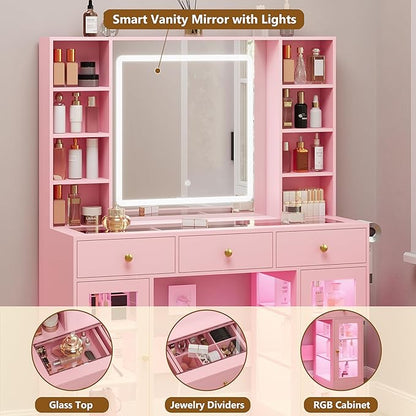 Pink Vanity Desk with Mirror and Lights, 43.4" Makeup Vanity Table Set with Lighted Mirror & RGB Glass Cabinet, 3 Drawers, Glass Top Dressing Table with Large Shelves for Girls, 3 Color Modes