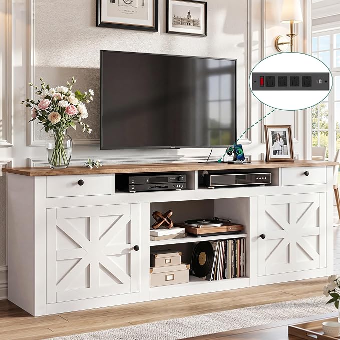 YITAHOME 70" Farmhouse TV Stand for 75/80 Inch TVs, Entertainment Center with Drawers, Adjustable Shelves & Built-in Power Outlet, Stable Anti-Tip TV Console Cabinet for Living Room, White+Walnut Top