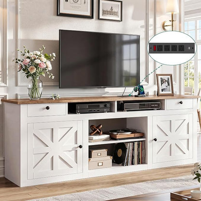 YITAHOME 70" Farmhouse TV Stand for 75/80 Inch TVs, Entertainment Center with Drawers, Adjustable Shelves & Built-in Power Outlet, Stable Anti-Tip TV Console Cabinet for Living Room, White+Walnut Top