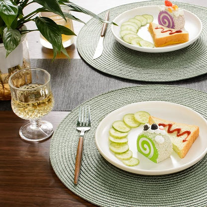 FunWheat Round Braided Placemats Set of 4 Table Mats for Dining Tables Woven Washable Non-Slip Place mats 15inch (Fog Green, 4pcs)