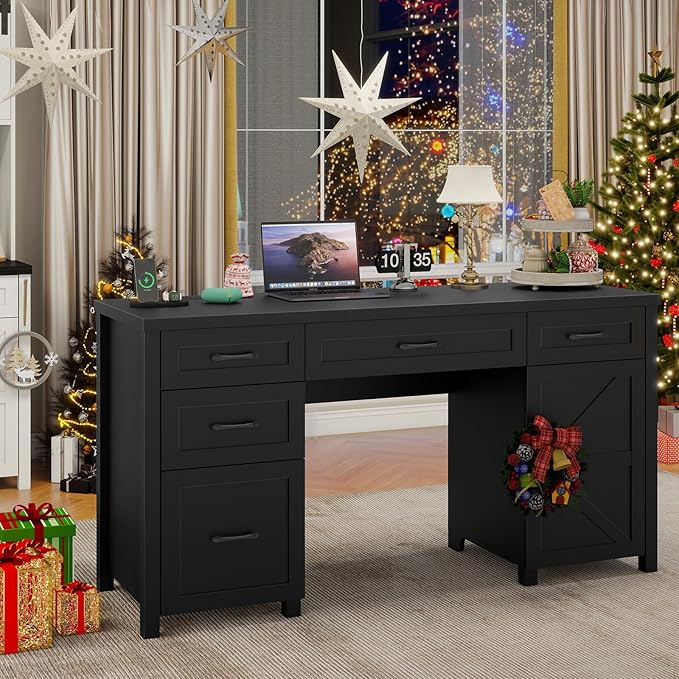 Farmhouse 61'' Executive Desk with 5 Drawers, Rustic Office Desk Computer Desk with Charging Station, File Drawers and Storage Cabinet, Wood Workstation for Study and Home Office,( Pure Black.)
