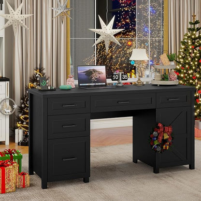 Farmhouse 61'' Executive Desk with 5 Drawers, Rustic Office Desk Computer Desk with Charging Station, File Drawers and Storage Cabinet, Wood Workstation for Study and Home Office,( Pure Black.)