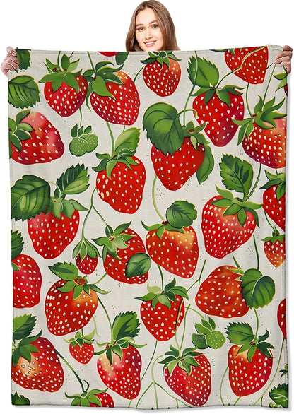 Strawberry Blanket Lush Red Strawberries Throw Blankets with Green Leaves,Birthday Gifts for Kids Adult Women,Lightweight Soft Fleece,for Sofa Couch Bed Room Farmhouse Decor 40x50in