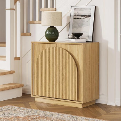 win2win Fluted Sideboard Buffet Cabinet with Storage, 31.5" Modern Boho Accent Cabinet with Double-Layered Arch Doors, Small Wood Console Credenza for Living Room, Dining Room, Entryway, Oak, 3PCS