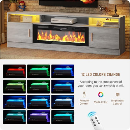 MXV 70" Fireplace TV Stand with Power Outlet for TVs UP to 80", Electric Fireplace Entertainment Center with LED Lights & Storage Cabinets, TV Console for Living Room, Office, Grey-Black