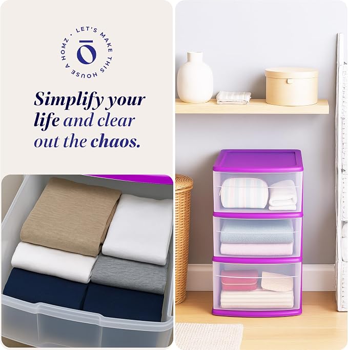 HOMZ 3-Drawer Storage Cart, Plastic Home and Office Organizer, Purple Frame