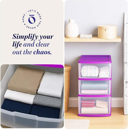 HOMZ 3-Drawer Storage Cart, Plastic Home and Office Organizer, Purple Frame
