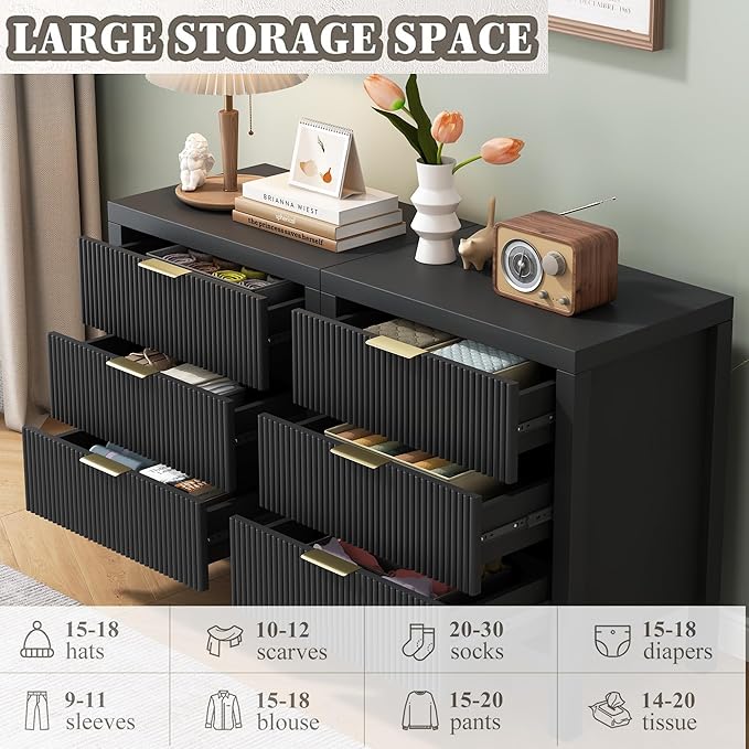 Nightstand Set of 2, Dresser and Nightstand Sets, Bedside Tables, Mid Century Nightstands with 6 Wide Drawers for Bedroom, Kids’ Room, Hallway, (Black X 2)