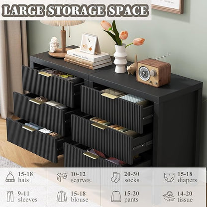 Nightstand Set of 2, Dresser and Nightstand Sets, Bedside Tables, Mid Century Nightstands with 6 Wide Drawers for Bedroom, Kids’ Room, Hallway, (Black X 2)