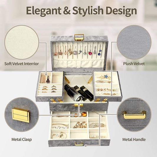 Dajasan Jewelry Organizer Box, Large Velvet Jewelry Boxes for Women Girls, Space-Saving 3 Layers Jewelry Storage Case with Drawer, Movable Metal Stand, Modern, Gift Idea (Grey)