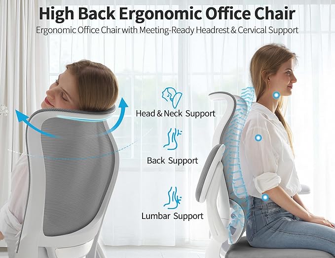 TRALT Ergonomic Office Chair - Desk Chair with Wave High Back Adjustable Lumbar Support Computer Chair - Gaming Chairs Mesh Backrest and PU Leather Seat for Home Reading Chairs to Adults(Grey)