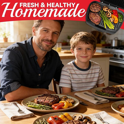 Family-sized Contact Grill, 6-Serving Electric Indoor Grill with Adjustable Temp Control, Ceramic Coating, 1500W, Graphite