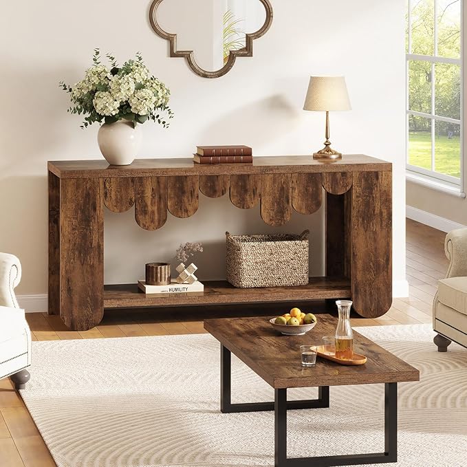 IBF Rustic Long Console Table, 63” Farmhouse Entryway Table with Storage, 2-Tier Wood Rectangular Sofa Table Behind Couch, Modern Entry Table for Hallway Entrance Foyer Home Living Room, Rustic Brown