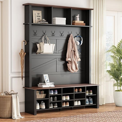 Merax Wood Rustic Hall Tree Entryway Bench with 6 Hooks and Adjustable Shelves, Farmhouse Mudroom Versatile Coat Racks with 16 Open Compartments, Entrance Organizer for Hallway Black