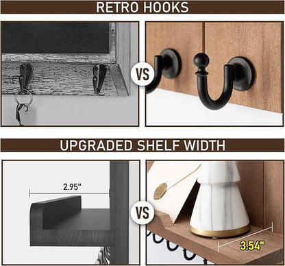 Rebee Vision Key Holder for Wall - Farmhouse Rustic Mail Organizer Floating Shelf for Home Kitchen Entryway Decor with 7 Sturdy Key Hooks (Retro Brown,15-inch)