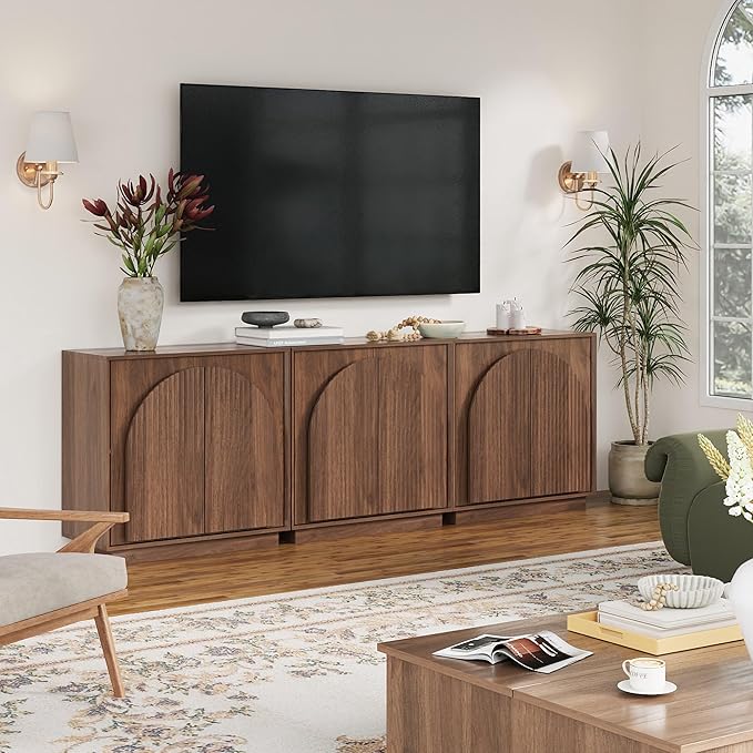 WIN2WIN Fluted Sideboard Buffet Cabinet with Storage, 31.5" Mid Century Modern Accent Cabinet with Double-Layered Arch Door, Small Wood Console Credenza for Dining Living Room Entryway Hallway, Walnut
