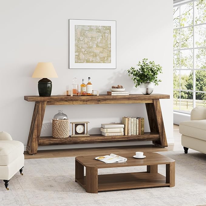 70.87-Inch Console Table for Entyrway, Extra Long Sofa Table Behind Couch, Farmhouse 2-Tier Entry Table for Hallway, Foyer, Rustic Brown