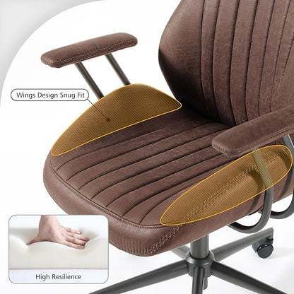 ovios Home Office Chair, Mid-Century Modern Faux Suede Leather Ergonomic Chairs, High Back Comfy Computer Swivel Rolling Task Executive Armchair, Dark Brown