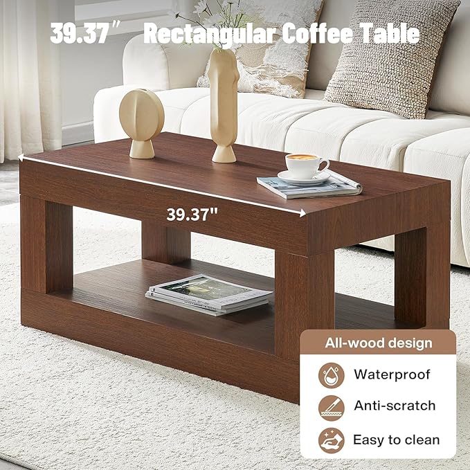LKTART 39.37" Coffee Table with Storage, 2-Tier Mid Century Rectangular Accent Table with Thick Tabletop, Rustic Style Cocktail, Center Table for Living Room, Office, Apartment (Dark Walnut)