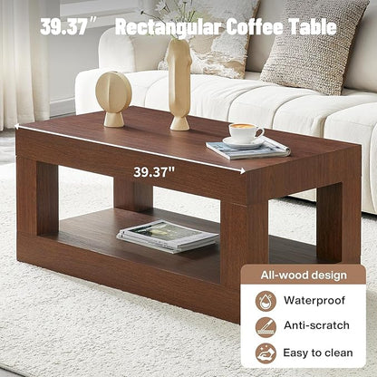 LKTART 39.37" Coffee Table with Storage, 2-Tier Mid Century Rectangular Accent Table with Thick Tabletop, Rustic Style Cocktail, Center Table for Living Room, Office, Apartment (Dark Walnut)