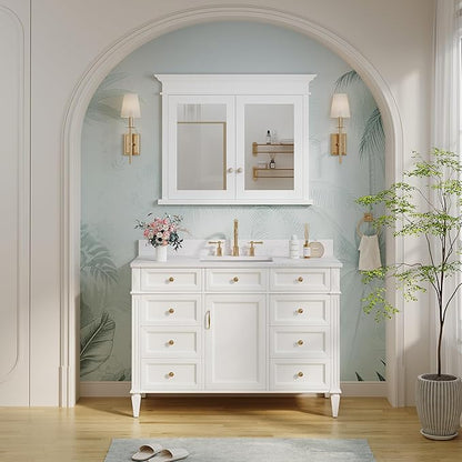 WELLFOR40 x 32" Bathroom Medicine Cabinet with 3-Tier Adjustable Shelves, Recessed Solid Wood Medicine Cabinet with Mirrors, Wood Miiror Cabinet with 2 Soft-Close Door and Open/Built-in 6 Shelves
