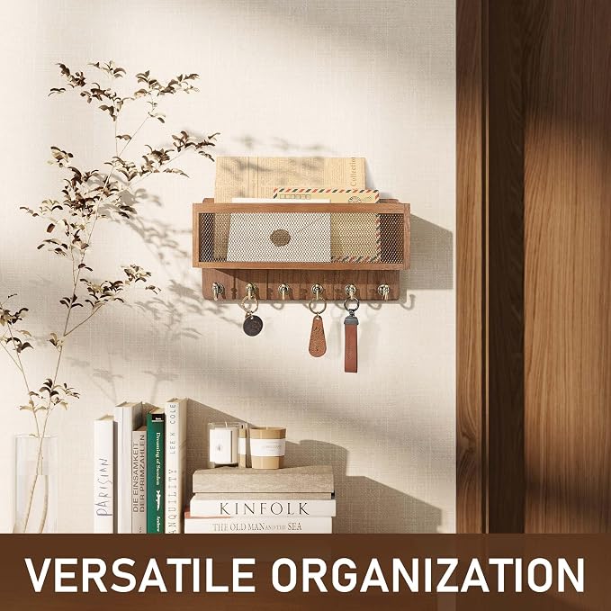 Rebee Vision Key Holder Wall Mount with Mesh Mail Basket – Mail Organizer for Wall Decor with 6 Key Hooks for Entryway, Kitchen – Functional Home Decor & Space-Saving Wooden Organizer (Golden Hook)