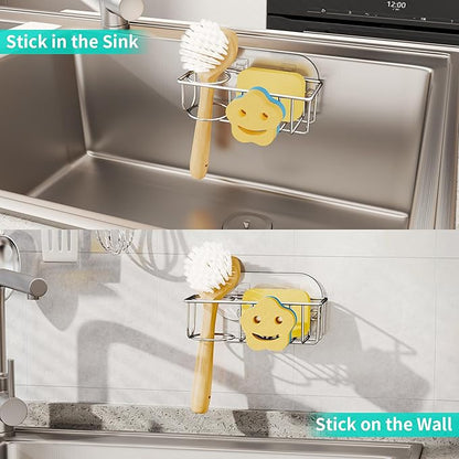 HapiRm Sink Caddy Sponge Holder - No Drill Kitchen Sink Organzier with Smiley Face Sponge Holder, Rustproof and Waterproof Kitchen Organizer - Silver