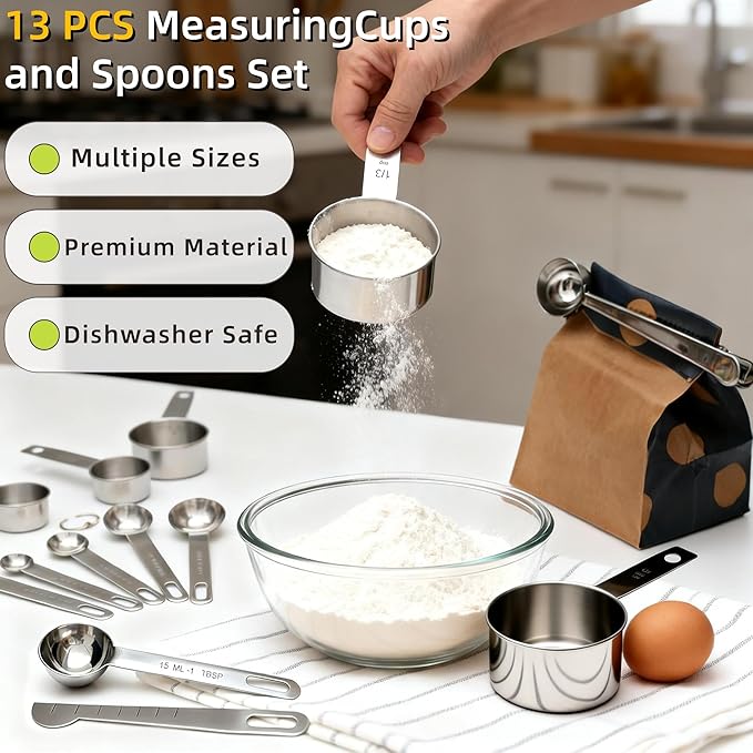 Measuring Cups and Spoons Set of 13, Stainless Steel 5 Nesting Measure Cups Set & 6 Measuring Spoons Set & 1 Leveler +1 Spoon Clip - Kitchen Baking Tools for Cooking.