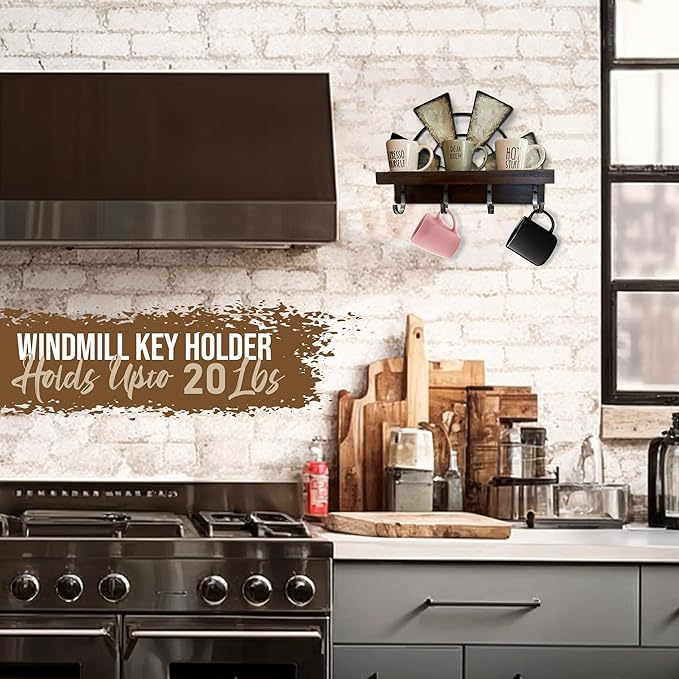 Windmill Key Holder Wall Mount, Decorative Wall Mounted Key and Mail Rack with Shelf, Farmhouse Wall Decor, 4 Rustic Key Hooks for Coats & Keys, Brown Key Holder