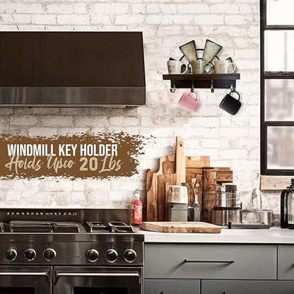 Windmill Key Holder Wall Mount, Decorative Wall Mounted Key and Mail Rack with Shelf, Farmhouse Wall Decor, 4 Rustic Key Hooks for Coats & Keys, Brown Key Holder
