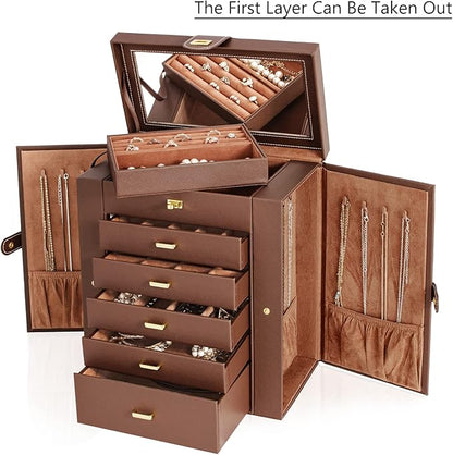 AKOZLIN Large 6-Tier Jewelry Box Organizer Functional Huge Lockable,5 Drawers Leather Jewelry Storage Case for Women Girls Ring Necklace Earring Bracelet Holder Organizer with Mirror Brown