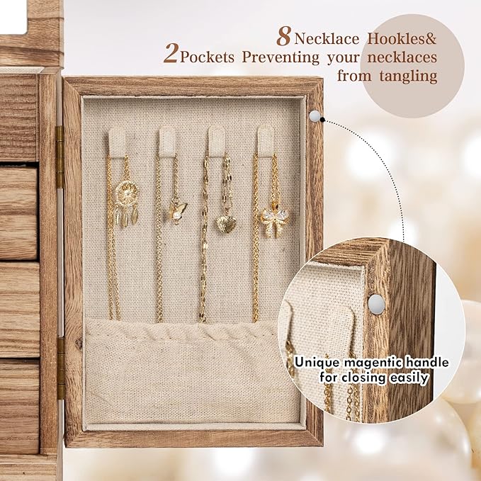 Emfogo Jewelry Box for Women Wooden Jewelry Boxes & Organizers 5-Layer Rustic Large Jewelry Organizer Box with Mirror & 8 Drawers for Rings Earrings Necklaces Bracelets Women Girls Gifts