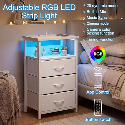 Fixwal White Nightstand with Charging Station, LED Night Stand with 3 Fabric Drawers and Open Shelf, Bedside End Table in Bedroom