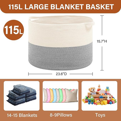 Foldable Laundry Hamper Basket with Collapsible Handle Cotton Rope Soft Woven Fabric Storage Organizer Clothes Toys Nursery Bedroom Dorm Space Saving Bin (White & Light Grey, 115L(23.6"D x 15.7"H))