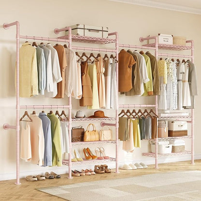 ONBRILL L4 Wall Mounted Industrial Pipe Clothing Rack, Closet Organizer System with 6 Hanging Clothes Rods ( 4 Expandable Rods) & 8 Shelves, Heavy Duty Corner Garment Rack, Large Wardrobe - Pink