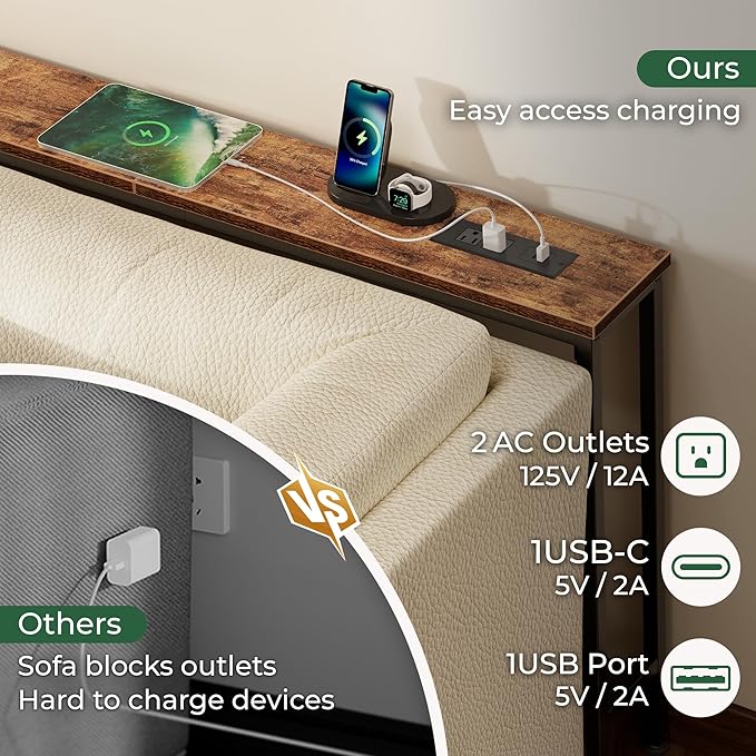SUPERJARE 106.3 Inch Sofa Table with Power Outlets and USB-C Ports, 5.9 Inch Narrow Console Tables, Entryway Hallway Couch Tables with Storage, Behind Sofa, Small Spaces, Living Room, Rusitc Brown