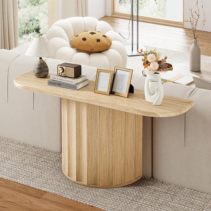 Fluted Console Table, 59'' Narrow Wooden Sofa Tables Behind Couch, Modern Entryway Table with Storage Curved Accent Table for Hallway, Living Room, Entrance, Foyer (Natural)