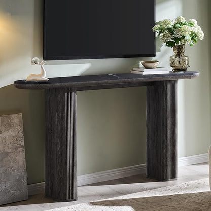 OKD 63" Modern Console Table with Arc Faux Marble Texture Top, Fluted Wood Base, Contemporary Entryway Sofa Table for Living Room, Hallway, Foyer, Dark Alder