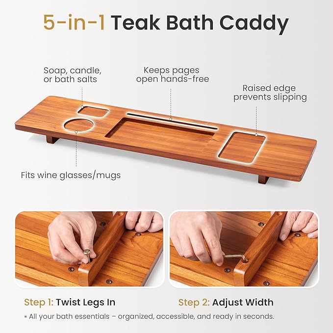 Teak Bathtub Tray for Freestanding Tubs - 35" Heavy-Duty Luxury Bath Caddy, Non-Slip Zero-Wobble Design, Water-Resistant Spa Organizer with Wine Glass & Phone Holder