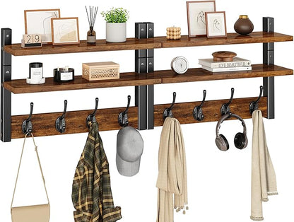 YMYNY Coat Rack Wall Mount with Shelf, Two-Tier Wall Shelf Mounted with 8 Hooks, Wooden Wall Coat Rack for Entryway, Bedroom for Hanging Clothes/Coats/Keys/Hats/Towels, Rustic Brown, HWS009H-2
