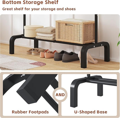 JIUYOTREE Standard Clothes Clothing Garment Rack with Storage Shelves Clothes Organizer for Hanging Clothes Coat Jacket Shirt Sweater Jeans Black