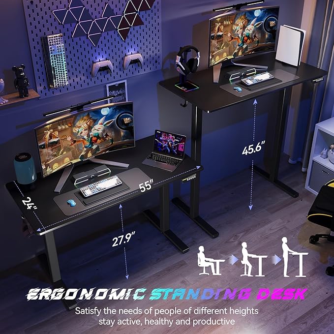 Large Electric Standing Desk,55x24 Inches Adjustable Height Stand up Desk, Sit Stand Home Office Desk, 3 Preset Heights,Equipped with Hooks,Ergonomic Computer Desk Workstation，Black