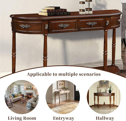 HMFULE Retro Curved Console Table, 52" Half Moon Console Table Sofa Table Entryway Table with 2 Drawers 1 Open Shelf Solid Pine Legs for Living Room,Entryway,Hallway,Cherry