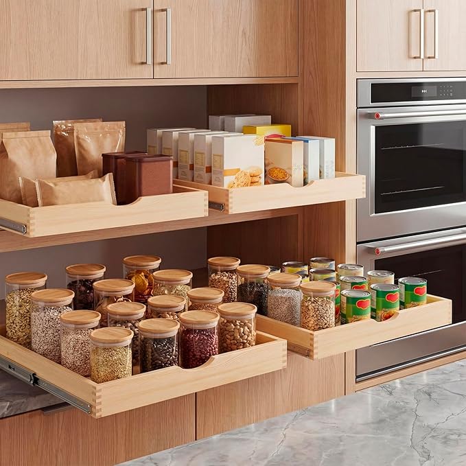 Sintuff 4 Pack Wooden Pull out Tray Cabinet Organizer Gentle Close Roll out Shelves for Kitchen Cabinets Fully Assembled Slide Pantry Shelves (26'' X 21'')