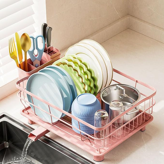AIDERLY Auto Drain Metal Dish Drying Rack Dish Drainers, Pink | with Draining Tray, Strainer, for Kitchen Counter, Sink