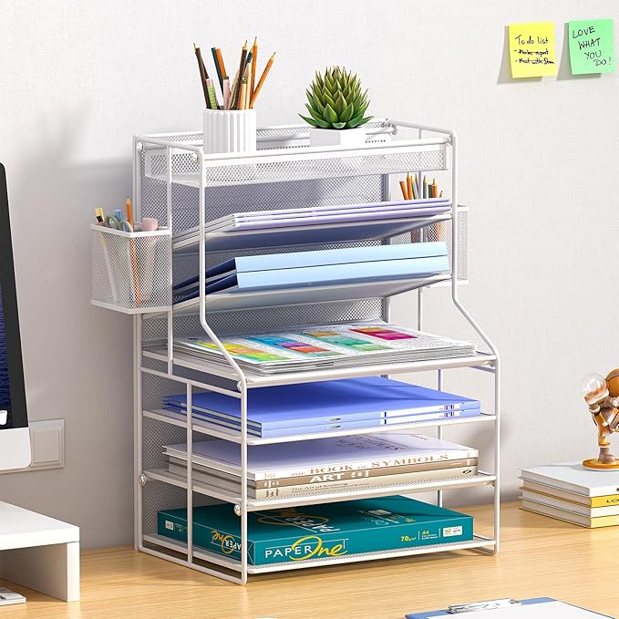 7 Tier Desk File Organizer,Metal Document Holder with Adjustable Shelves, Pull-Out Drawer & Removable Pen Holder for Office Organization,White